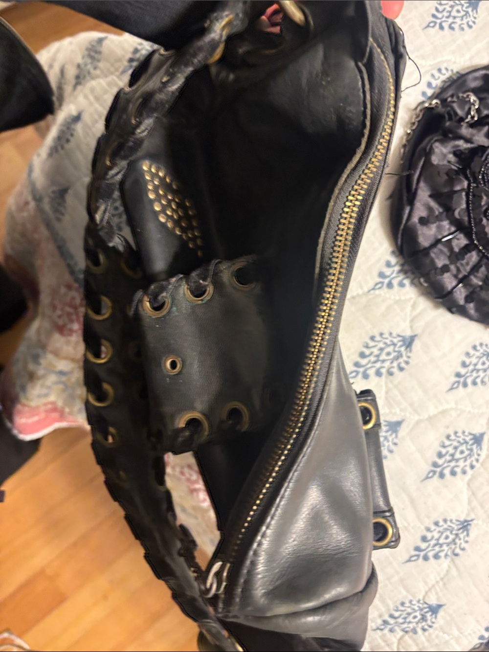 Betsey Johnson Black Shoulder Bag with Brass Accents - Picture 4 of 5